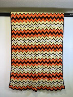 Vintage 70s Crochet Chevron Afghan Blanket Orange Brown Yellow Mid Century MCM